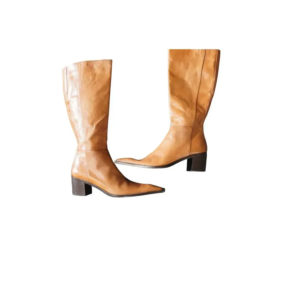 Spaziomoda Bologna Italian Leather Mid Calf Boots Tan Pointed Toe Size 40 - Picture 2 of 13